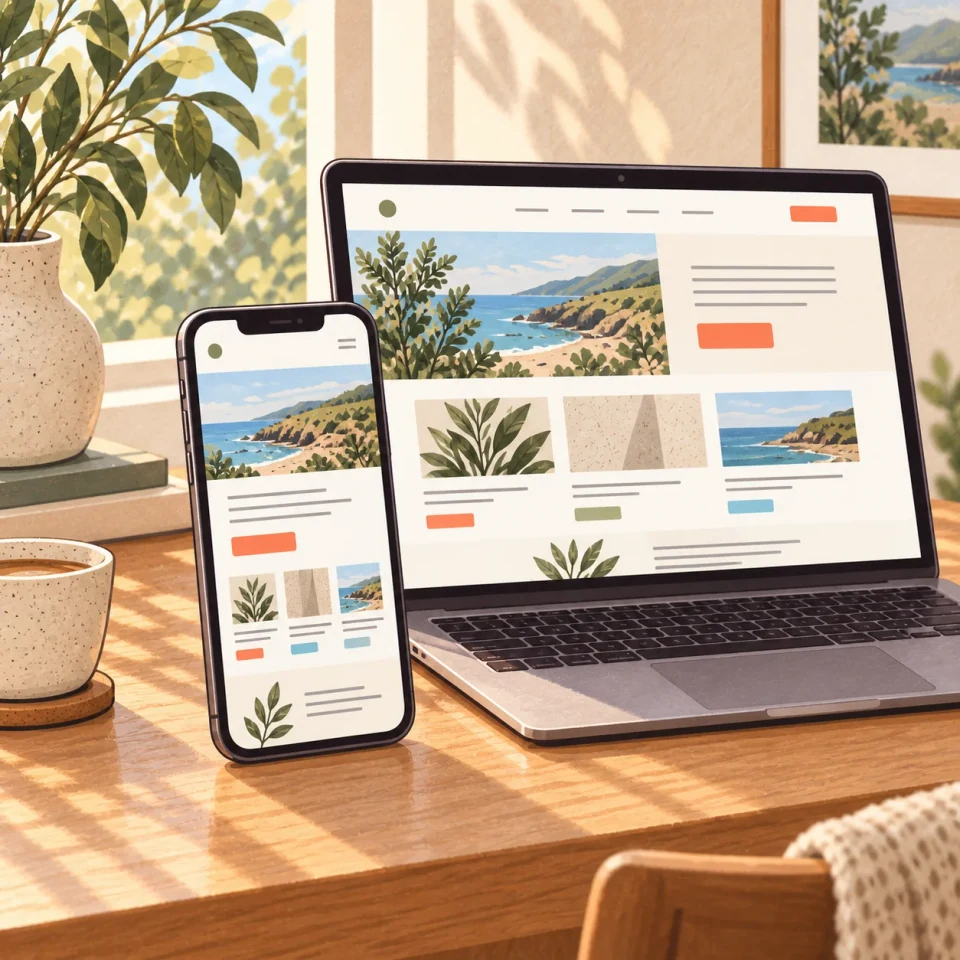 Illustratie van een website op laptop en telefoon